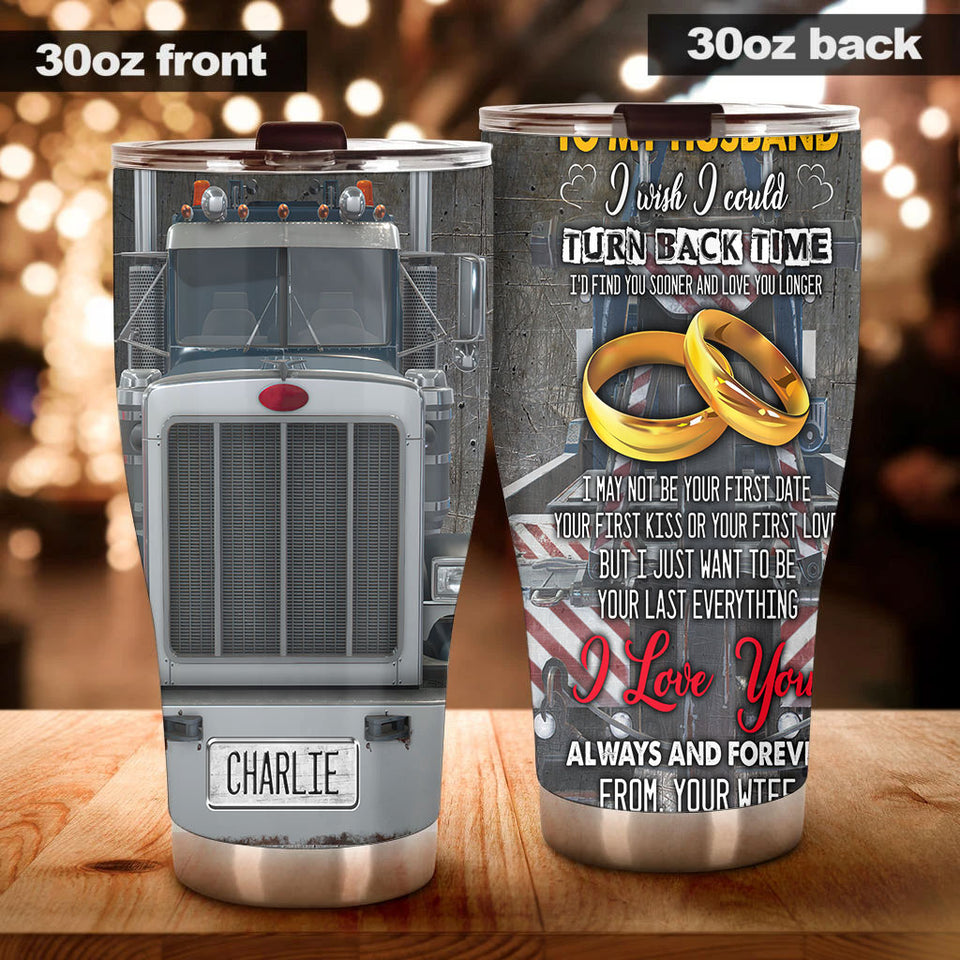 Camellia Personalized Silver Metal Truck To My Husband Stainless Steel Tumbler - Double-Walled Insulation Travel Thermal Cup With Lid Gift For Trucker Husband Valentines Day