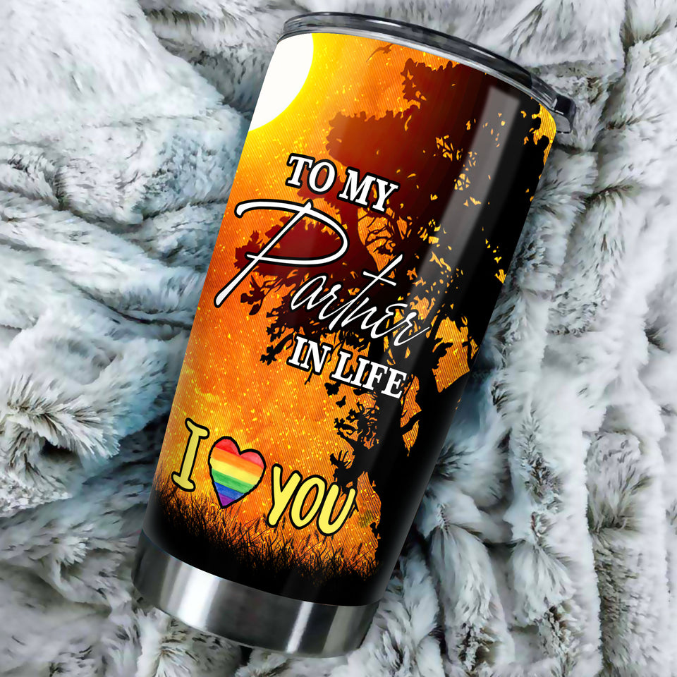 Camellia Personalized Rainbow Flag LGBT To My Partner In Life Stainless Steel Tumbler - Double-Walled Insulation Thermal Cup With Lid Gift For Gay Lesbian