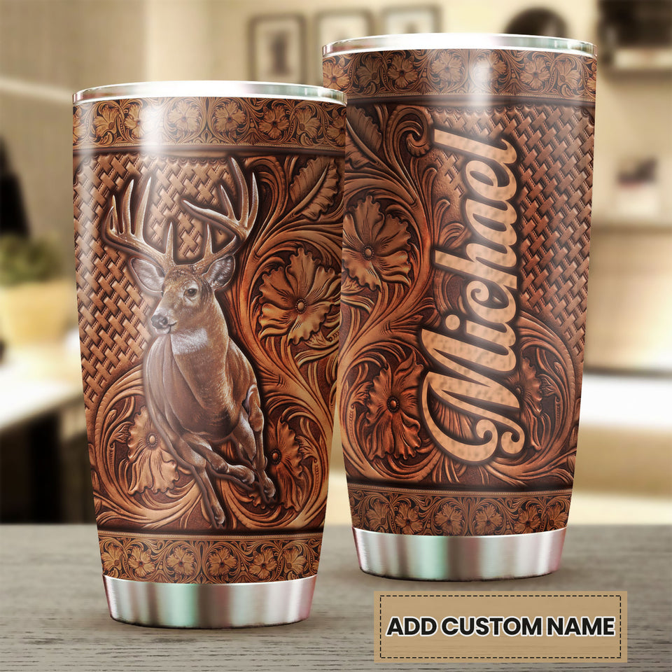 Camellia Personalized Deer Hunting Wooden Style Graphics Stainless Steel Tumbler - Double-Walled Insulation Travel Thermal Cup With Lid Gift For Hunter Hunting Dad Men