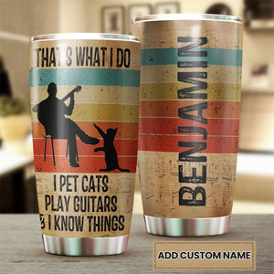 Camellia Personalized 3D Vintage Man Pets Cats Play Guitar And Know Things Stainless Steel Tumbler - Customized Double-Walled Insulation Therma Cup With Lid Gift For Guitarist