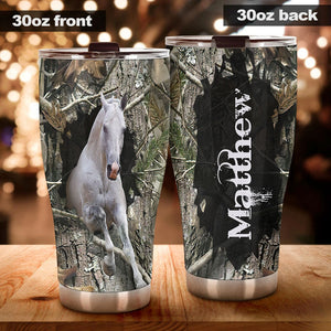 Camellia Personalized White Horse Nature Forest Graphics Stainless Steel Tumbler - Double-Walled Insulation Thermal Cup With Lid Gift For Farm Horse Lover Horseback Riding