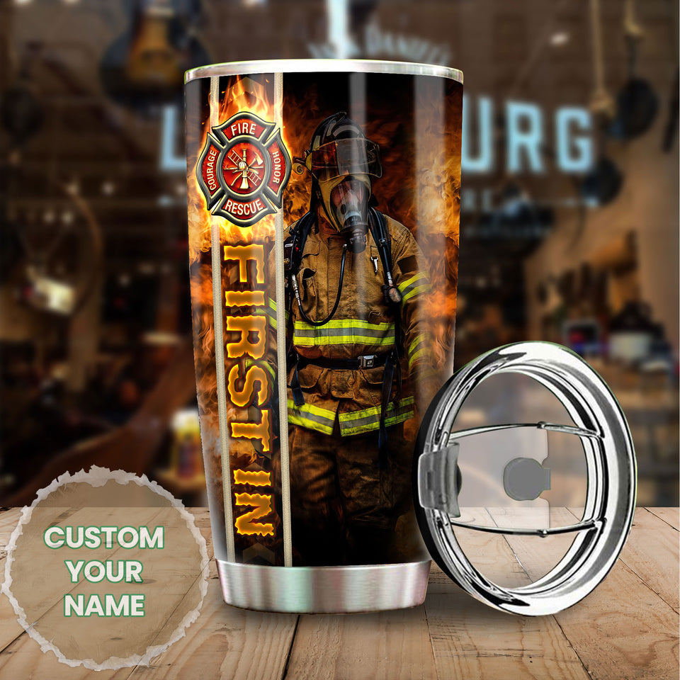 Camellia Personalized Firefighter Fire Honor Rescue Courage Graphics Stainless Steel Tumbler - Double-Walled Insulation Travel Thermal Cup With Lid Gift For Firemen Volunteer