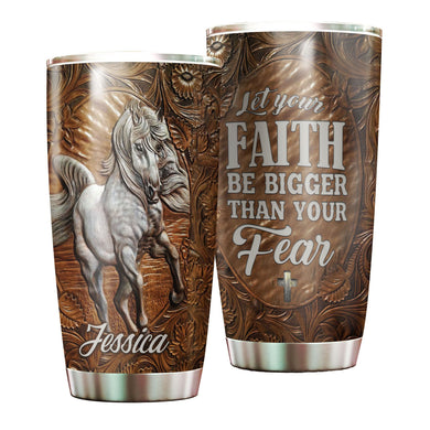Camellia Personalized White Horse Let Faith Bigger Than Fear Wooden Stainless Steel Tumbler - Double-Walled Insulation Travel Thermal Cup With Lid Gift For Faith Believer
