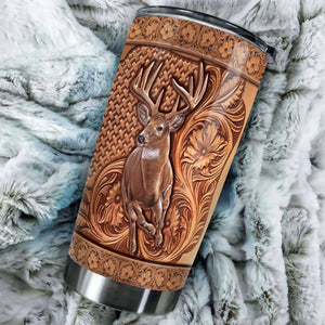 Camellia Personalized Deer Hunting Wooden Style Graphics Stainless Steel Tumbler - Double-Walled Insulation Travel Thermal Cup With Lid Gift For Hunter Hunting Dad Men