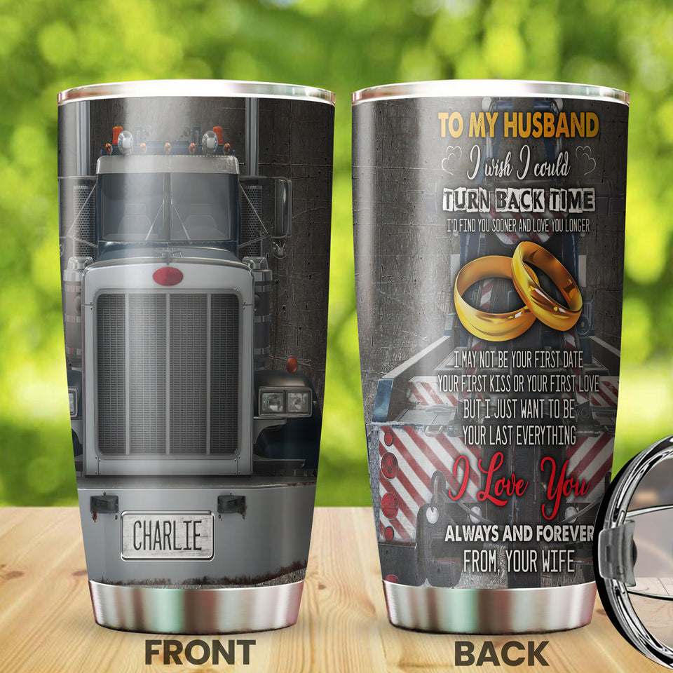 Camellia Personalized Silver Metal Truck To My Husband Stainless Steel Tumbler - Double-Walled Insulation Travel Thermal Cup With Lid Gift For Trucker Husband Valentines Day
