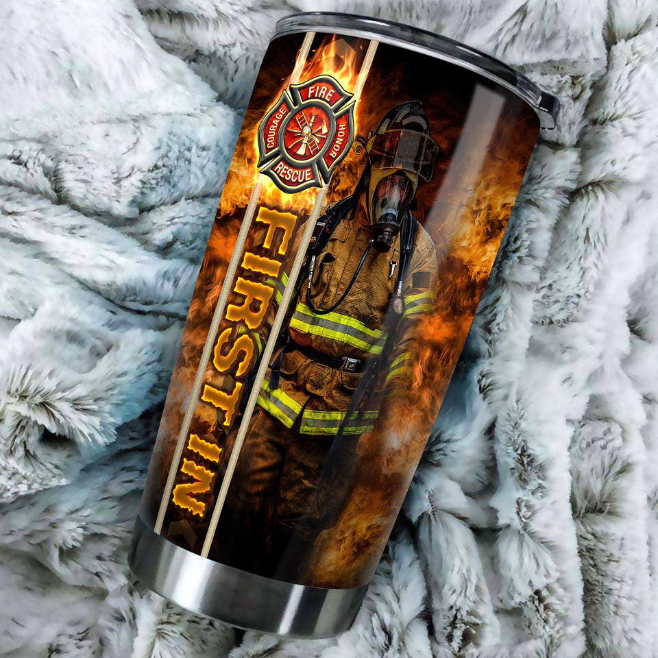 Camellia Personalized Firefighter Fire Honor Rescue Courage Graphics Stainless Steel Tumbler - Double-Walled Insulation Travel Thermal Cup With Lid Gift For Firemen Volunteer
