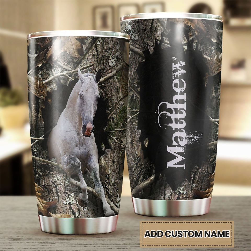 Camellia Personalized White Horse Nature Forest Graphics Stainless Steel Tumbler - Double-Walled Insulation Thermal Cup With Lid Gift For Farm Horse Lover Horseback Riding