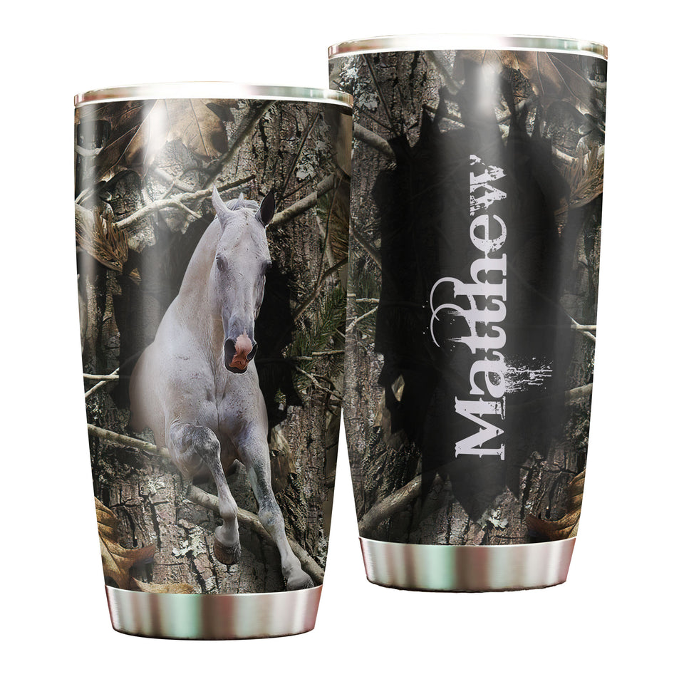 Camellia Personalized White Horse Nature Forest Graphics Stainless Steel Tumbler - Double-Walled Insulation Thermal Cup With Lid Gift For Farm Horse Lover Horseback Riding