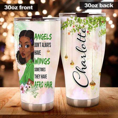 Camellia Personalized 3D Afro Hair Girl Angels Don't Always Have Wings Stainless Steel Tumbler - Customized Double-Walled Insulation Black Live Matter Therma Cup With Lid