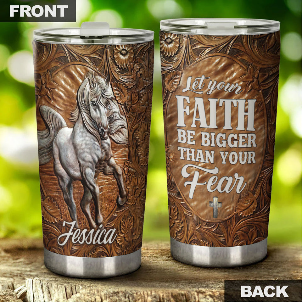 Camellia Personalized White Horse Let Faith Bigger Than Fear Wooden Stainless Steel Tumbler - Double-Walled Insulation Travel Thermal Cup With Lid Gift For Faith Believer