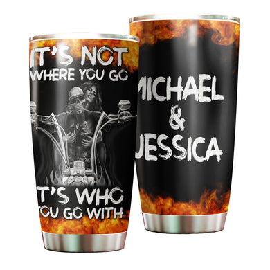 Camellia Personalized Biking Couple It's Who You Go With Skull Motorcycling Stainless Steel Tumbler - Double-Walled Insulation Thermal Cup With Lid Gift For Valentines