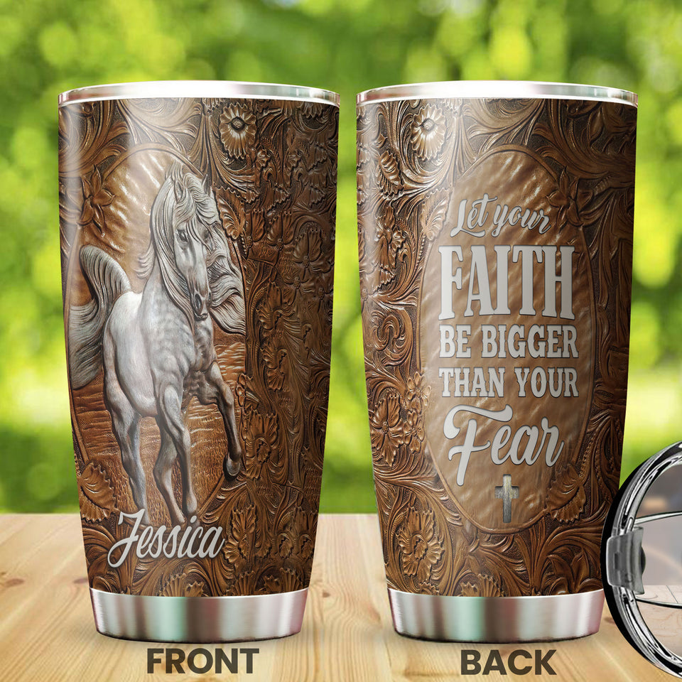 Camellia Personalized White Horse Let Faith Bigger Than Fear Wooden Stainless Steel Tumbler - Double-Walled Insulation Travel Thermal Cup With Lid Gift For Faith Believer