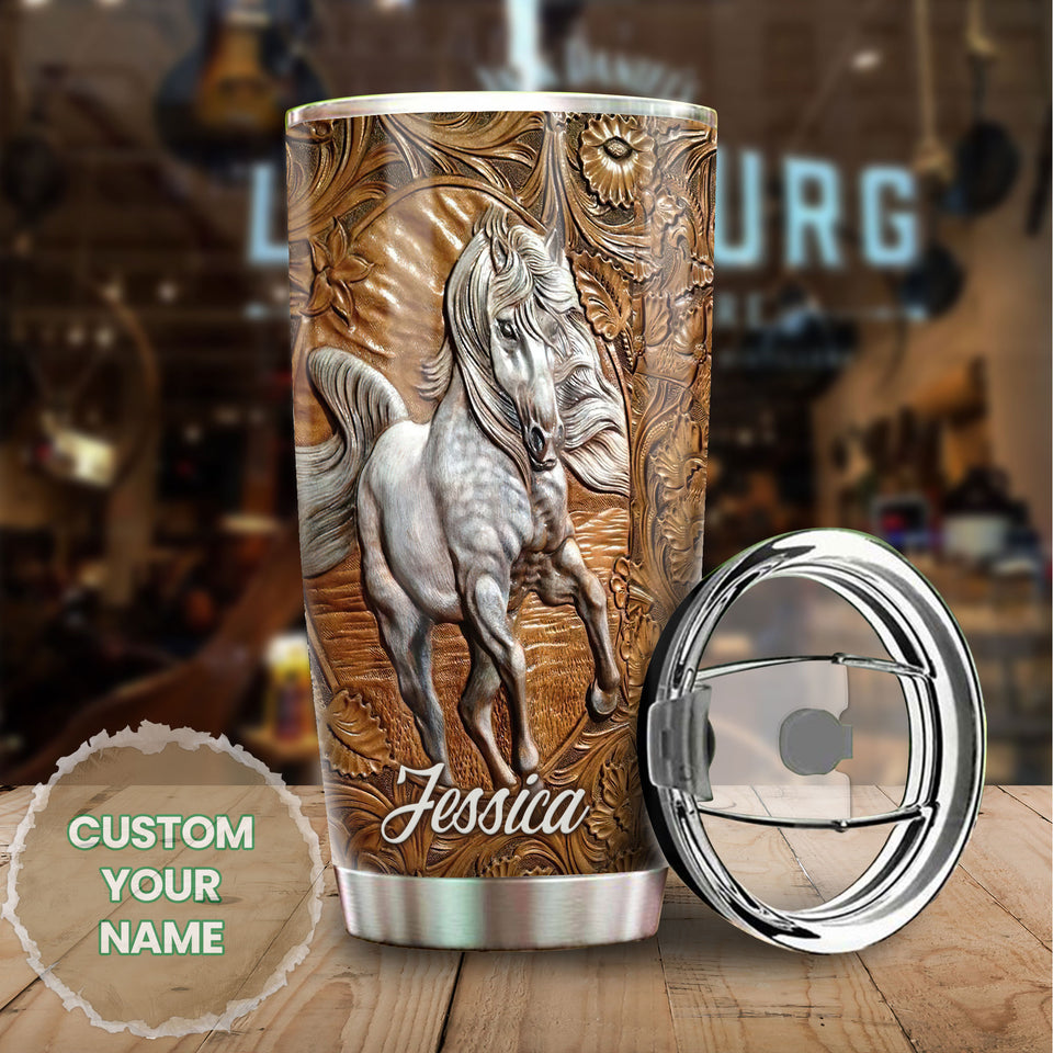 Camellia Personalized White Horse Let Faith Bigger Than Fear Wooden Stainless Steel Tumbler - Double-Walled Insulation Travel Thermal Cup With Lid Gift For Faith Believer