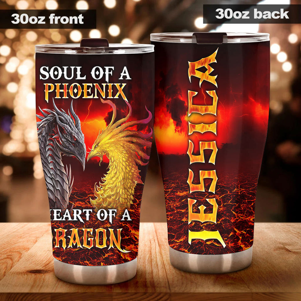 Camellia Personalized Soul Of Phoenix Heart Of Dragon Graphics Stainless Steel Tumbler - Double-Walled Insulation Travel Thermal Cup With Lid Gift For Men Boy