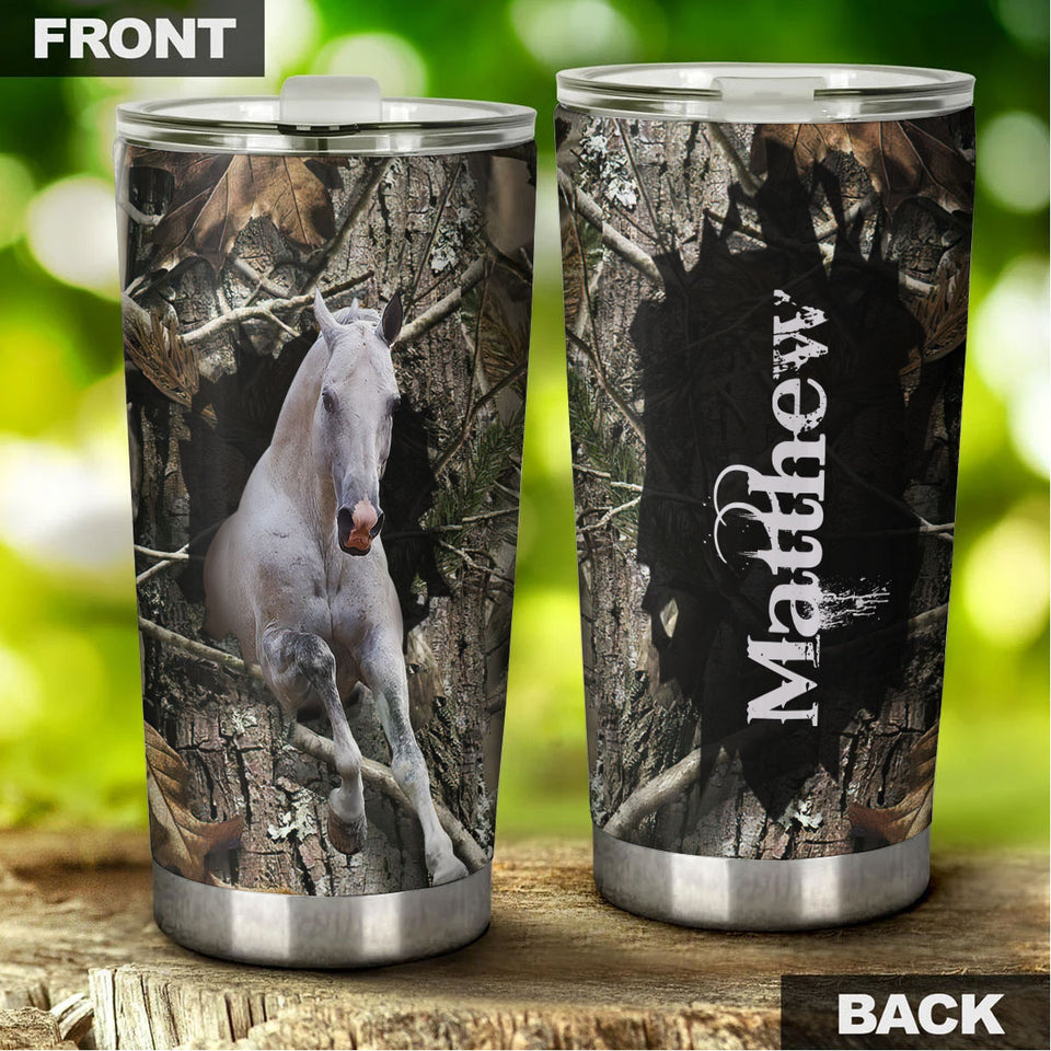 Camellia Personalized White Horse Nature Forest Graphics Stainless Steel Tumbler - Double-Walled Insulation Thermal Cup With Lid Gift For Farm Horse Lover Horseback Riding