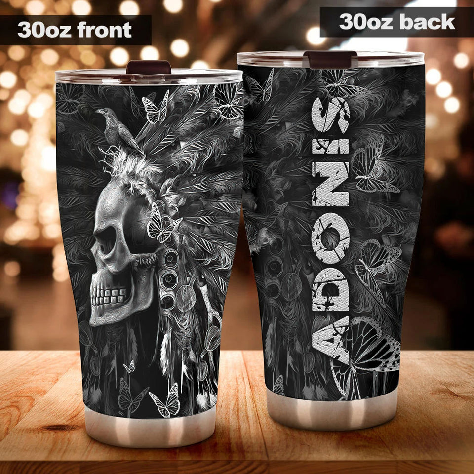 Camellia Personalized 3D Native American Gothic Skull Stainless Steel Tumbler - Customized Double-Walled Insulation Travel Therma Cup With Lid