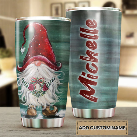 Camellia Personalized Gnomes Wearing Santa Hat Merry Christmas Stainless Steel Tumbler - Double-Walled Insulation Thermal Cup With Lid Gift For Xmas Holiday Season