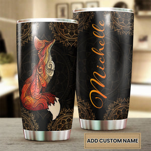 Camellia Personalized Henna Pattern Fox Vintage Stainless Steel Tumbler - Double-Walled Insulation Travel Thermal Cup With Lid Gift For Hippie Hipster