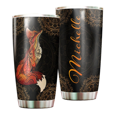 Camellia Personalized Henna Pattern Fox Vintage Stainless Steel Tumbler - Double-Walled Insulation Travel Thermal Cup With Lid Gift For Hippie Hipster
