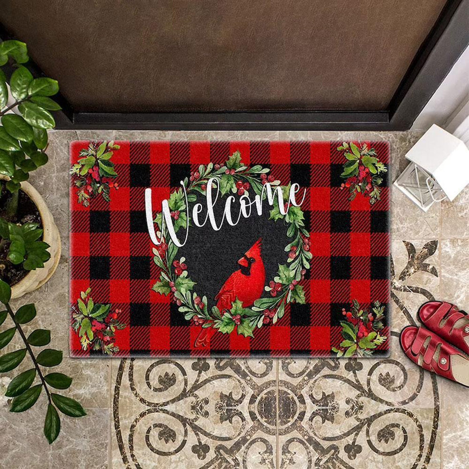 Memorial Cardinal Red Plaid Christmas Indoor Outdoor Doormat