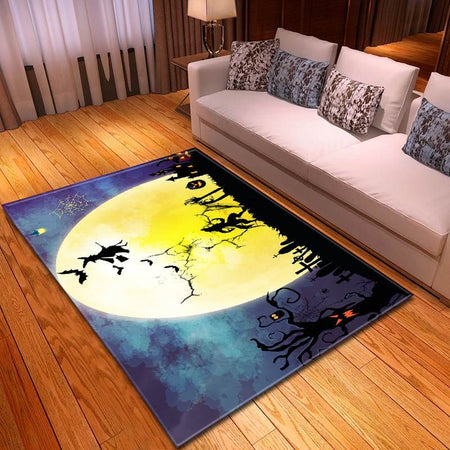 Halloween Werewolf And Witch Flying Under Full Moon Carpet Living Room Rugs