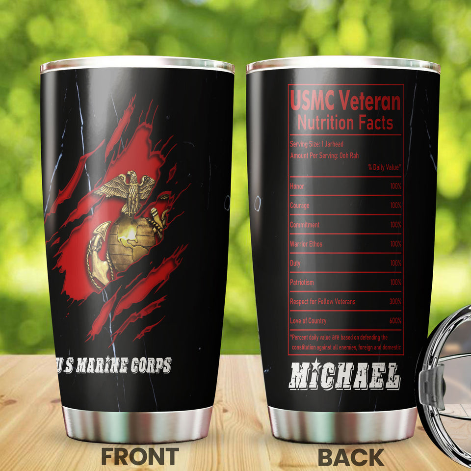 Camellia Personalized Marine Corps Nutrition Facts Stainless Steel Tumbler-Sweat-Proof Double Wall Travel Cup With Lid