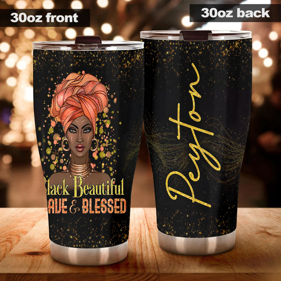 Camellia Personalized Black Woman Black Beautiful Brave Blessed Stainless Steel Tumbler - Double-Walled Insulation Vacumm Flask - Gift For Black Queen, International Women's Day, Hippie Girls