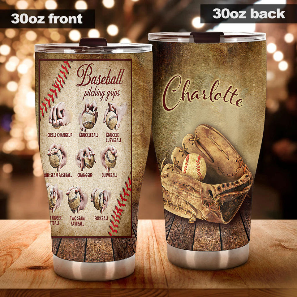 Camellia Persionalized 3D Baseball Pitching Grips Stainless Steel Tumbler - Customized Double - Walled Insulation Travel Thermal Cup With Lid Gift For Baseball Player