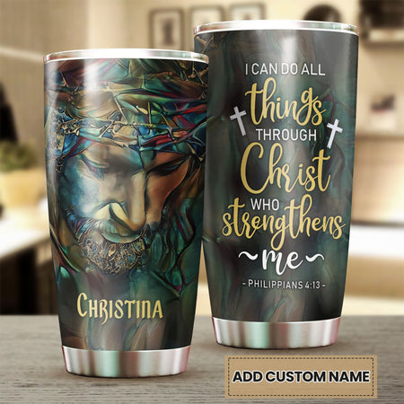 Camellia Persionalized 3D Christ Strengthens Stainless Steel Tumbler - Customized Double - Walled Insulation Thermal Cup With Lid Gift For Christian