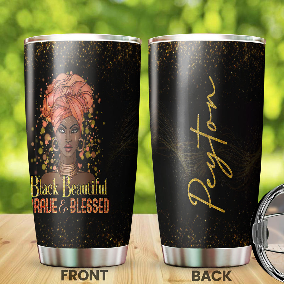 Camellia Personalized Black Woman Black Beautiful Brave Blessed Stainless Steel Tumbler - Double-Walled Insulation Vacumm Flask - Gift For Black Queen, International Women's Day, Hippie Girls