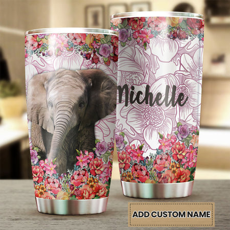 Camellia Personalized Elephant With Colorful Flower Stainless Steel Tumbler-Sweat-Proof Travel Therma Cup With Lid