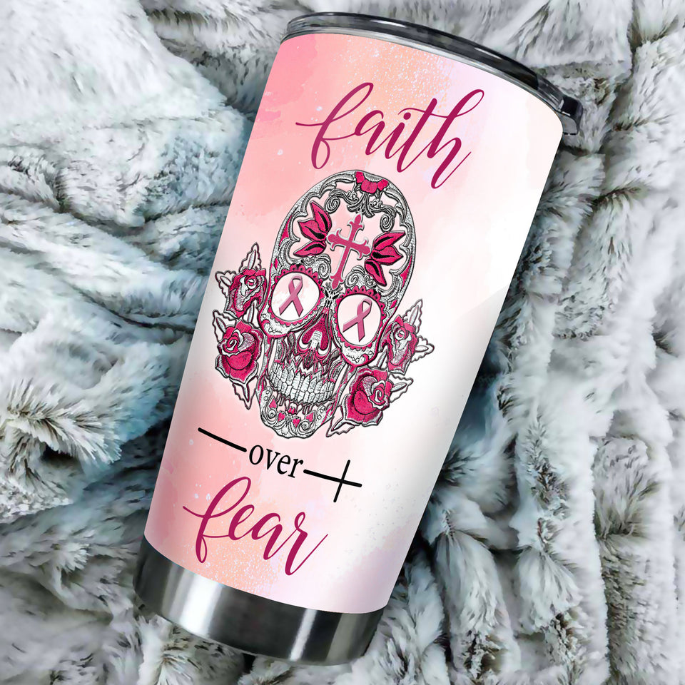 Camellia Personalized Breast Cancer Skull Faith Stainless Steel Tumbler - Double-Walled Insulation Vacumm Flask - Gift For Breast Cancer Awareness Month