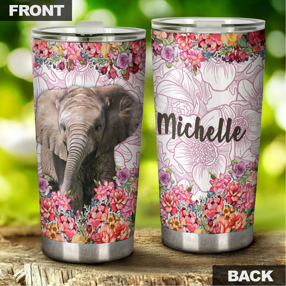 Camellia Personalized Elephant With Colorful Flower Stainless Steel Tumbler-Sweat-Proof Travel Therma Cup With Lid