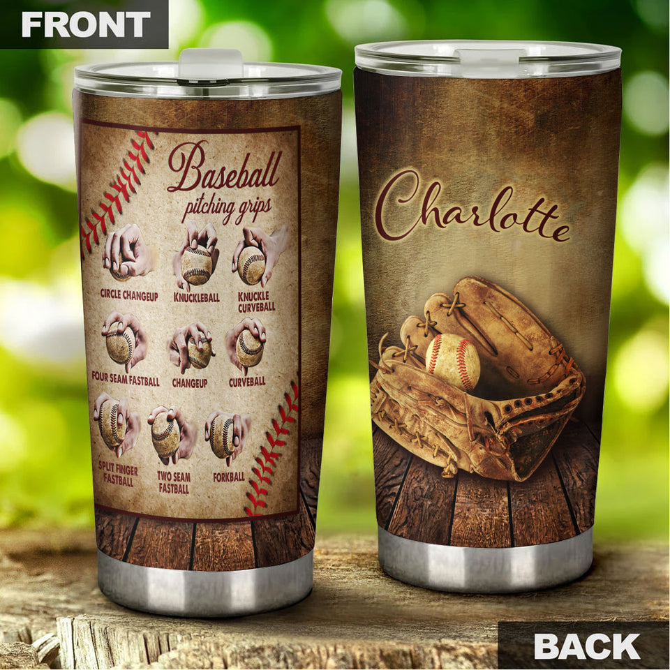 Camellia Persionalized 3D Baseball Pitching Grips Stainless Steel Tumbler - Customized Double - Walled Insulation Travel Thermal Cup With Lid Gift For Baseball Player