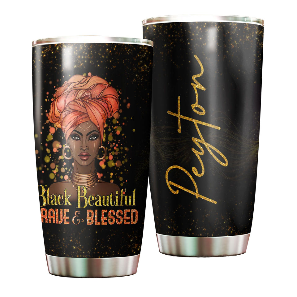 Camellia Personalized Black Woman Black Beautiful Brave Blessed Stainless Steel Tumbler - Double-Walled Insulation Vacumm Flask - Gift For Black Queen, International Women's Day, Hippie Girls