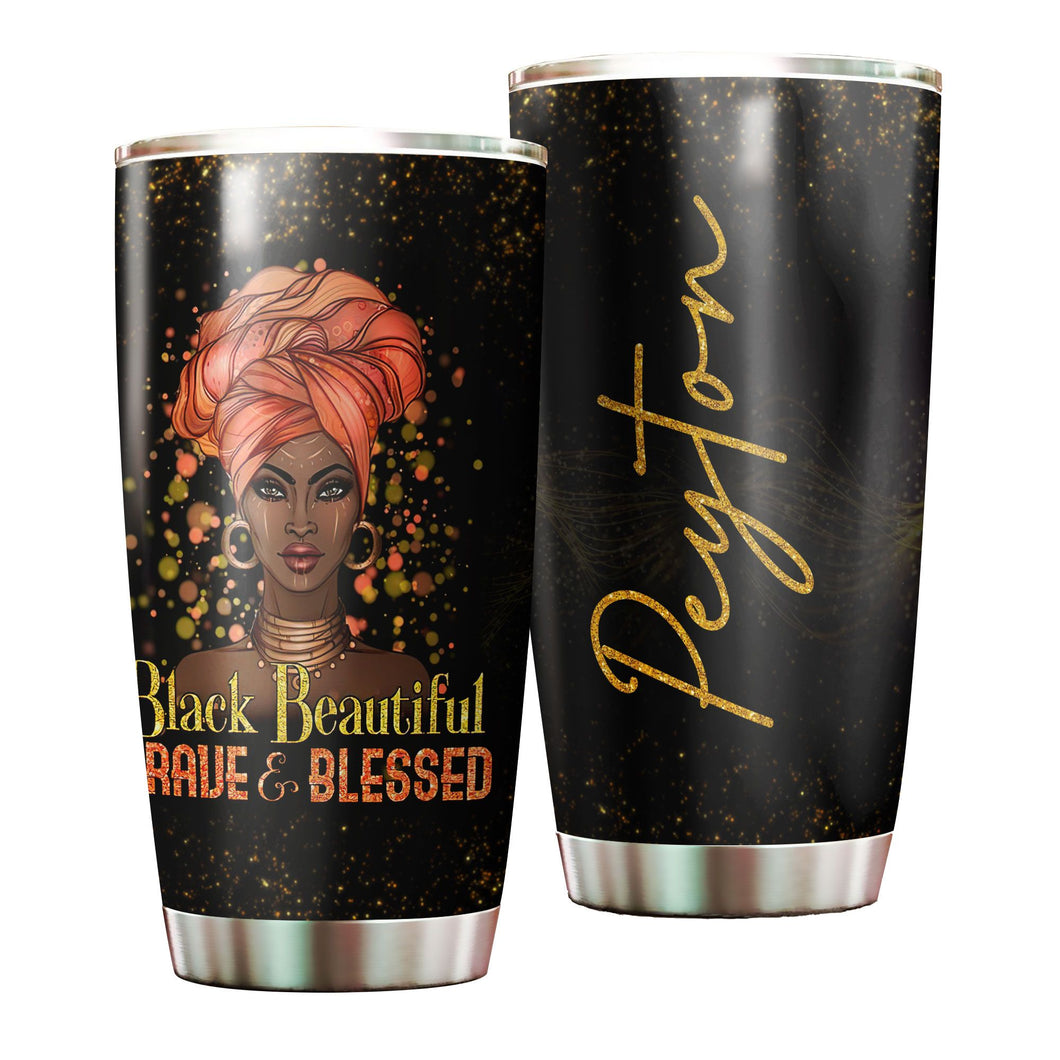 Camellia Personalized Black Woman Black Beautiful Brave Blessed Stainless Steel Tumbler - Double-Walled Insulation Vacumm Flask - Gift For Black Queen, International Women's Day, Hippie Girls