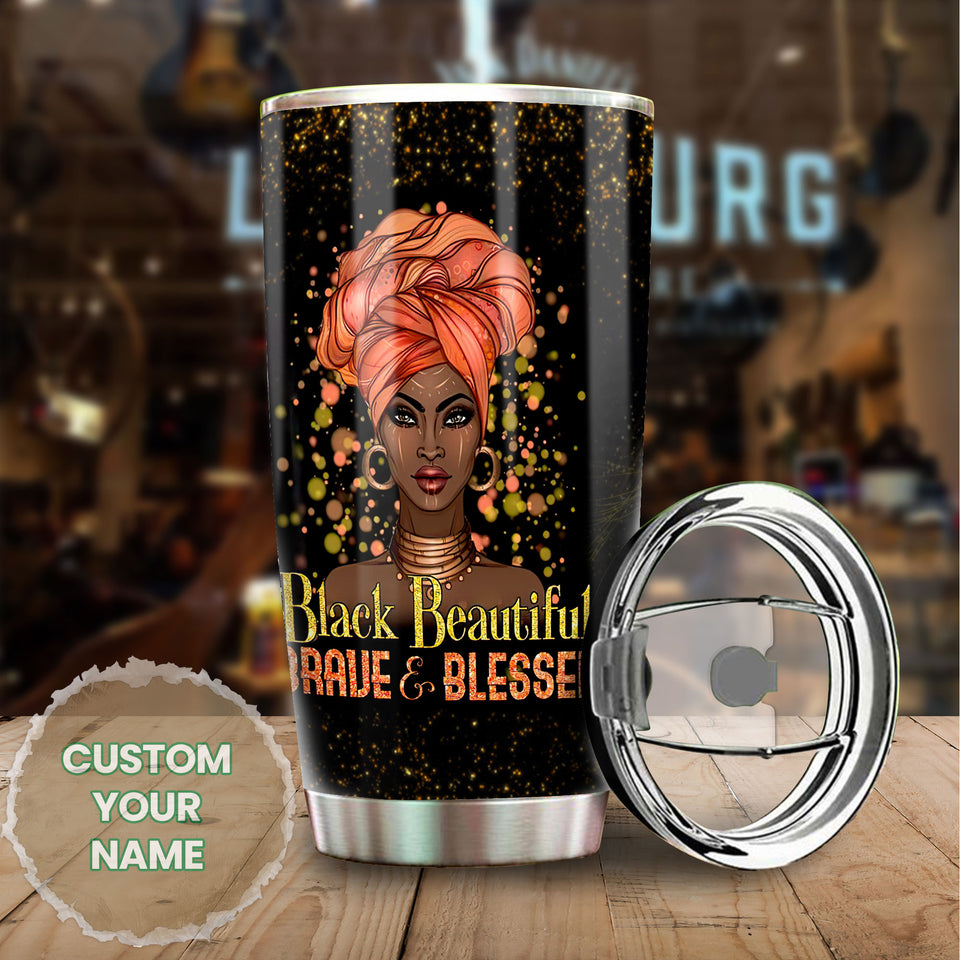 Camellia Personalized Black Woman Black Beautiful Brave Blessed Stainless Steel Tumbler - Double-Walled Insulation Vacumm Flask - Gift For Black Queen, International Women's Day, Hippie Girls