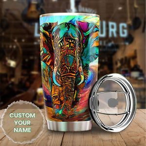 Camellia Personalized 3D Colorful Hippie Elephant Stainless Steel Tumbler - Customized Double-Walled Insulation Thermal Cup With Lid