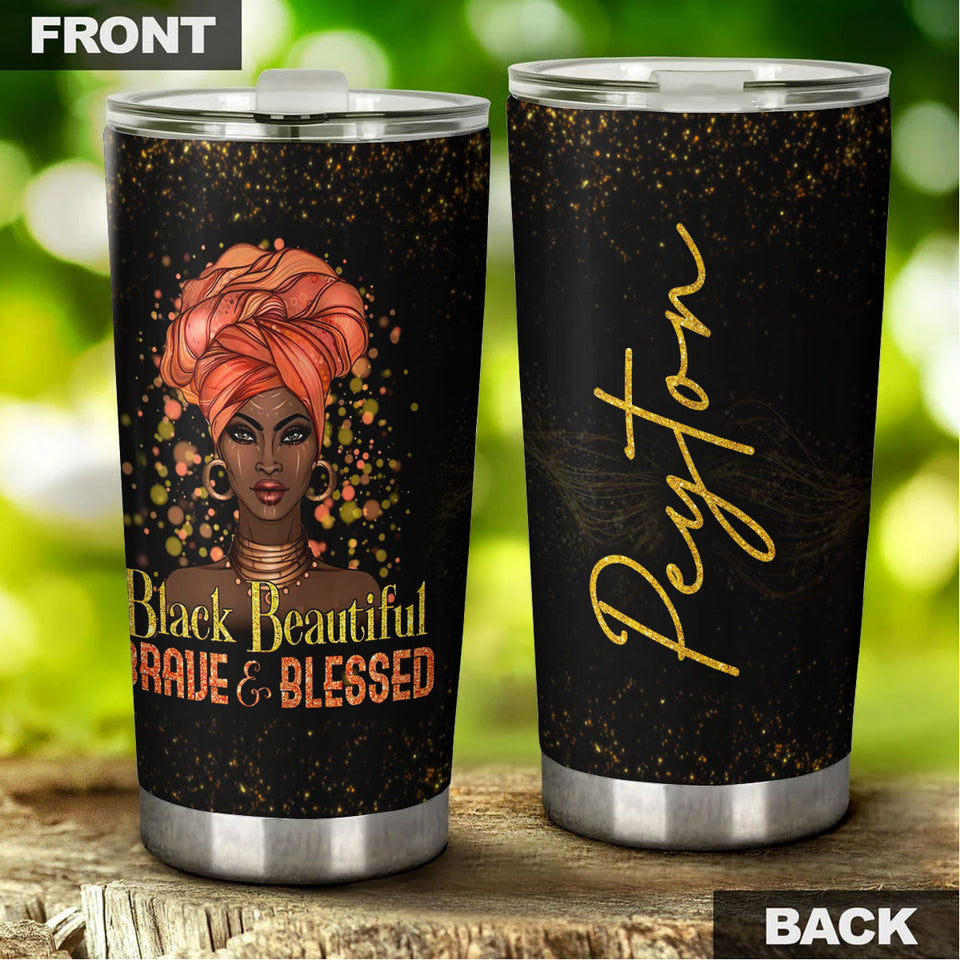 Camellia Personalized Black Woman Black Beautiful Brave Blessed Stainless Steel Tumbler - Double-Walled Insulation Vacumm Flask - Gift For Black Queen, International Women's Day, Hippie Girls