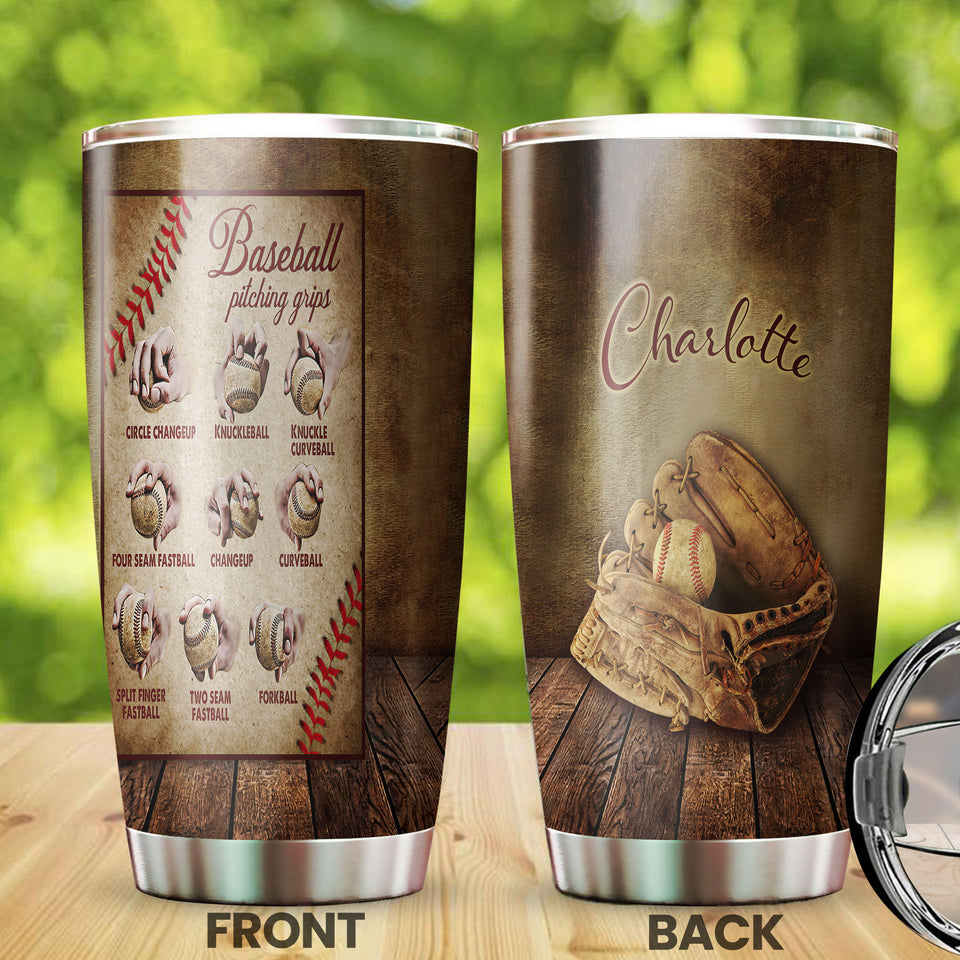Camellia Persionalized 3D Baseball Pitching Grips Stainless Steel Tumbler - Customized Double - Walled Insulation Travel Thermal Cup With Lid Gift For Baseball Player