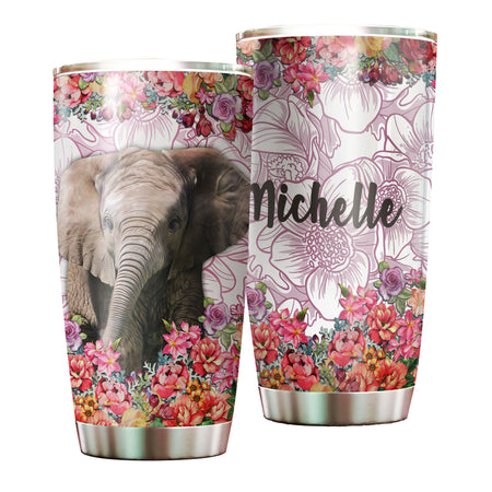 Camellia Personalized Elephant With Colorful Flower Stainless Steel Tumbler-Sweat-Proof Travel Therma Cup With Lid