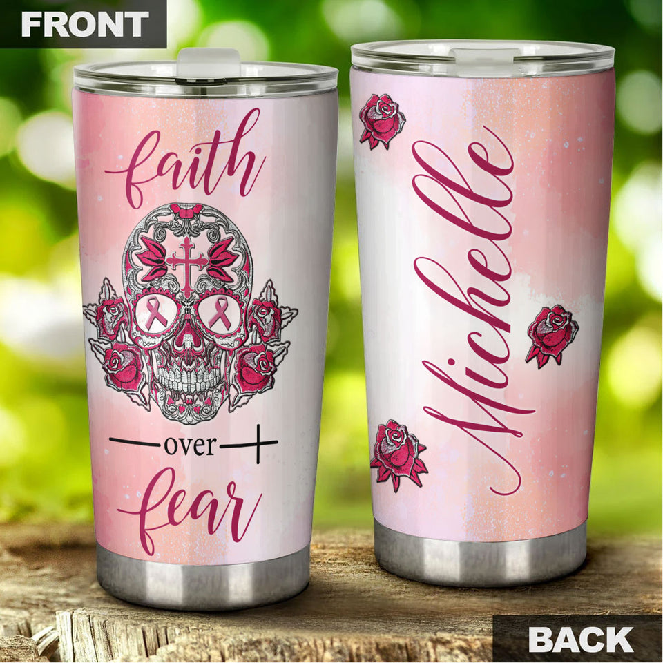 Camellia Personalized Breast Cancer Skull Faith Stainless Steel Tumbler - Double-Walled Insulation Vacumm Flask - Gift For Breast Cancer Awareness Month