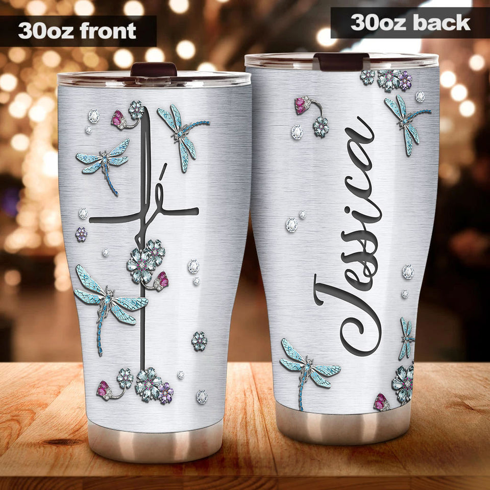 Camellia Personalized Dragonfly Jewelry Style Stainless Steel Tumbler - Customized Double-Walled Insulation Travel Thermal Cup With Lid Gift For Dragonfly Lover