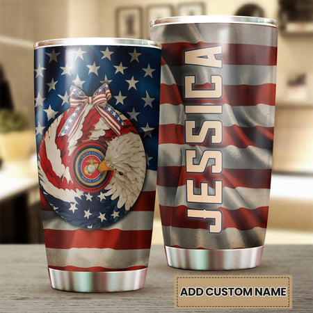 Camellia Personalized American Eagle Marine Corps Stainless Steel Tumbler - Double-Walled Insulation Vacumm Flask - Gift For American Veterans, Christmas, Thanksgiving