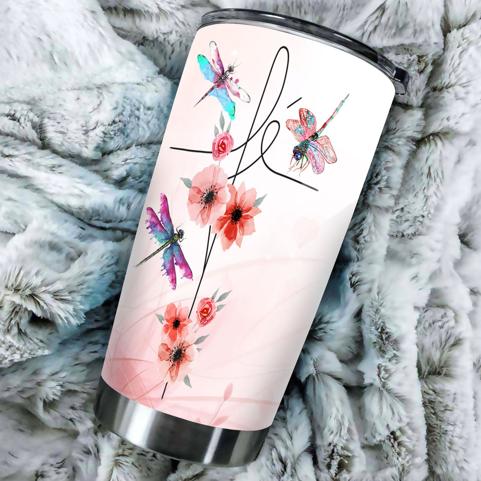 Camellia Personalized Dragonfly Flower Prayer Fact Stainless Steel Tumbler - Customized Double-Walled Insulation Travel Thermal Cup With Lid