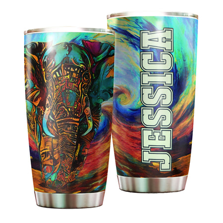 Camellia Personalized 3D Colorful Hippie Elephant Stainless Steel Tumbler - Customized Double-Walled Insulation Thermal Cup With Lid