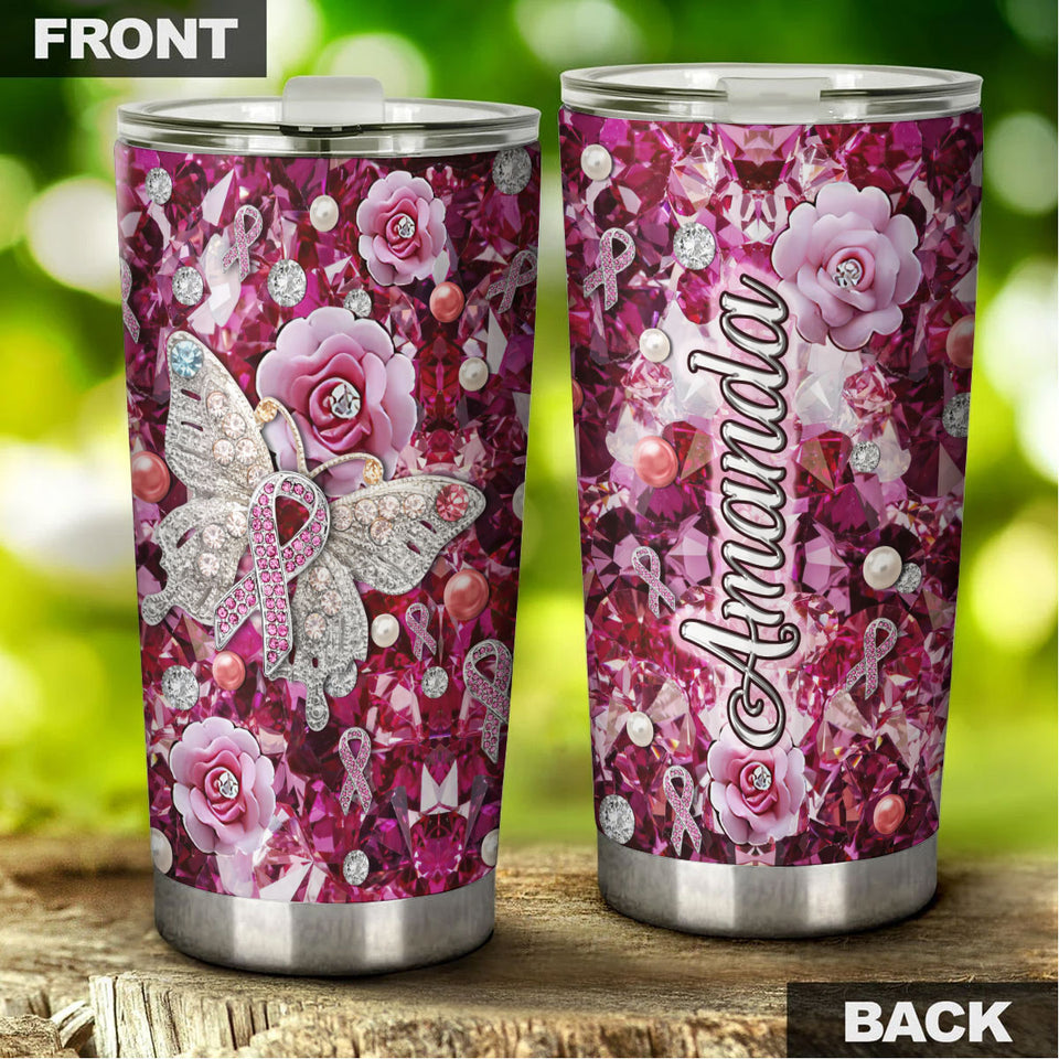 Camellia Personalized Butterfly And Pink Flowers Jewerly Style Stainless Steel Tumbler-Double-Walled Insulation Travel Cup With Lid Gift For Female