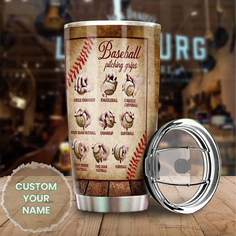 Camellia Persionalized 3D Baseball Pitching Grips Stainless Steel Tumbler - Customized Double - Walled Insulation Travel Thermal Cup With Lid Gift For Baseball Player