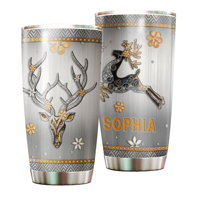 Camellia Personalized Deer Jewelry Style Flower Stainless Steel Tumbler - Customized Double-Walled Insulation Travel Thermal Cup With Lid Gift For Deer Lover