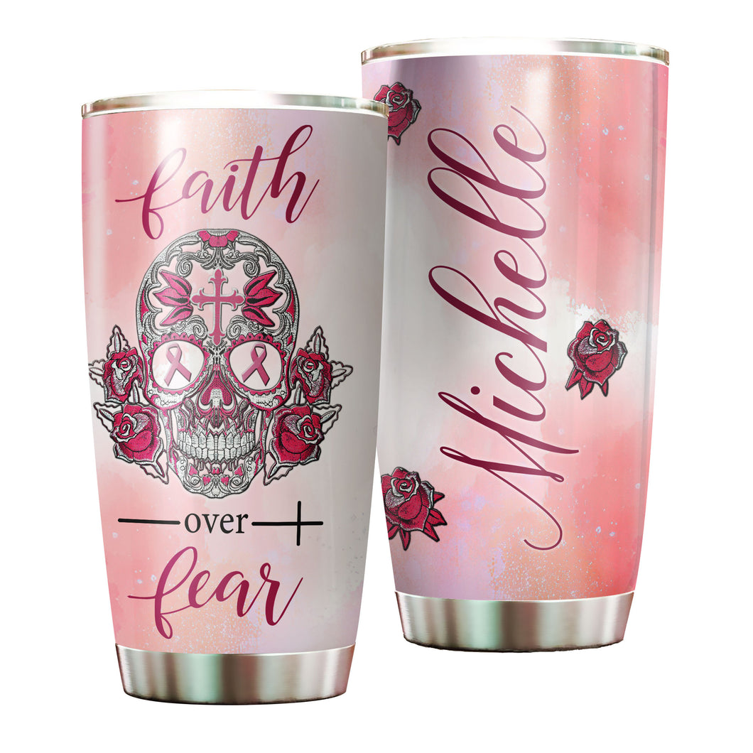 Camellia Personalized Breast Cancer Skull Faith Stainless Steel Tumbler - Double-Walled Insulation Vacumm Flask - Gift For Breast Cancer Awareness Month